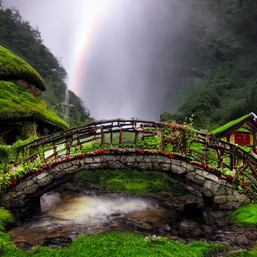 Image similar to spring festival at medieval hobbit village, ornate, beautiful, atmosphere, vibe, mist, smoke, fire, chimney, rain, wet, pristine, puddles, waterfall, melting, dripping, snow, creek, moss, ice, bridge, rainbow, cobble, jungle, roses, flowers, color page, 4 k, contest winner