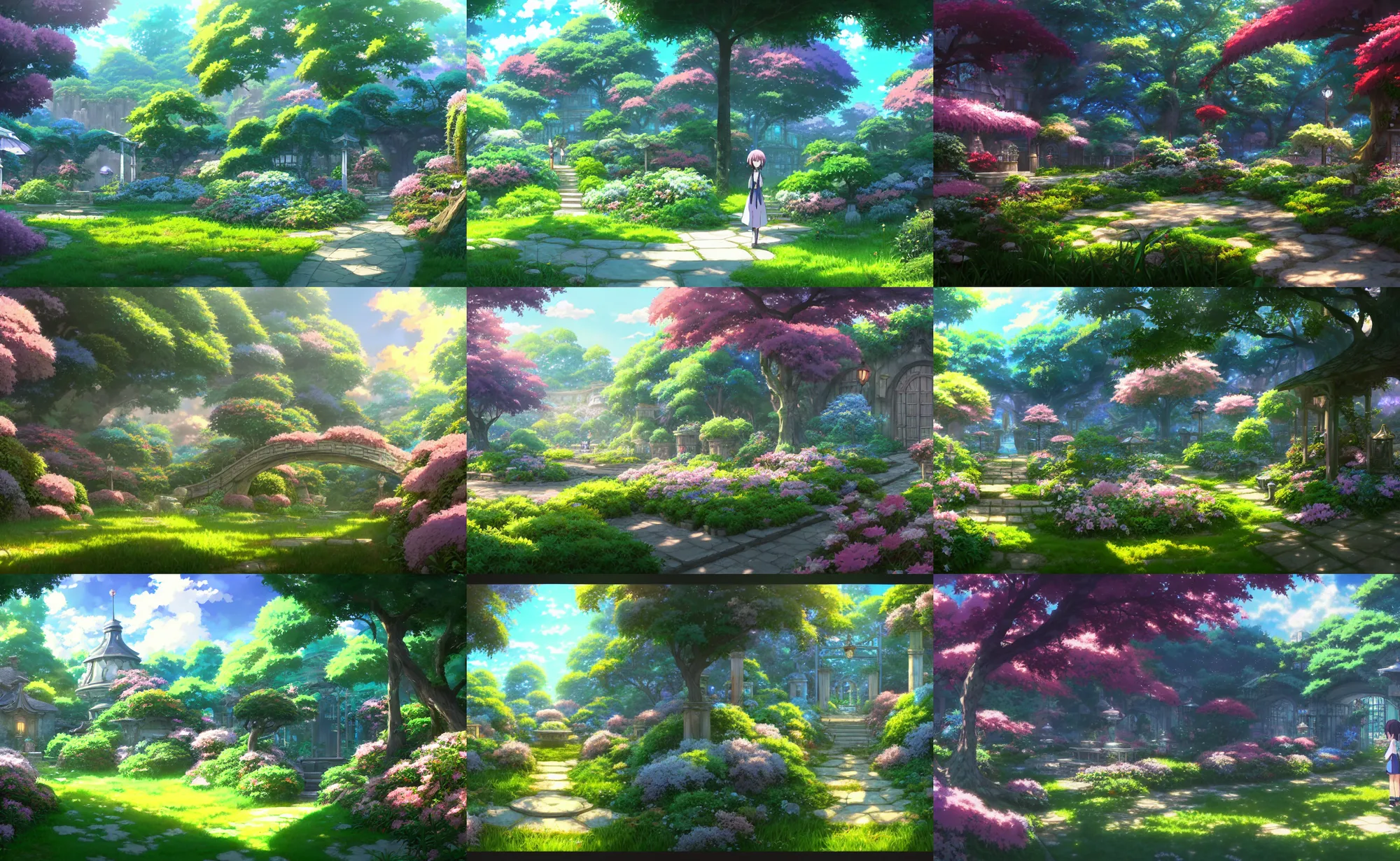 Prompt: an anime movie background matte painting of a secret summer garden, fantasy, by makoto shinkai, trending on artstation, highly detailed
