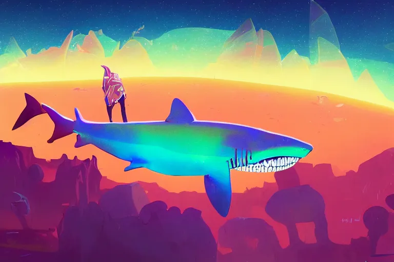 Image similar to a holographic projection of a huge colorful transparent shark appears in the desert at night, a man is stunned, by anton fadeev and jame paick, highly - detailed, fantasy