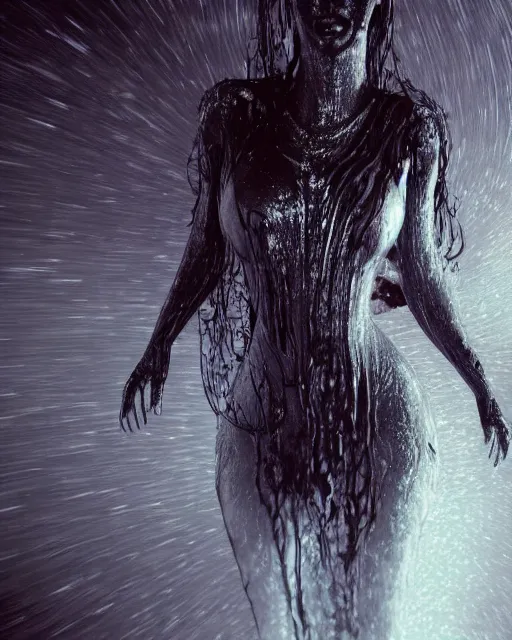 Prompt: epic full - ov - shot still of kim kardashian unconscious wearing a black lace dress in a transparent alien liquid, wet flowing hair, gooey skin, illustration, unreal engine 5, 8 k, made by h. r. giger.