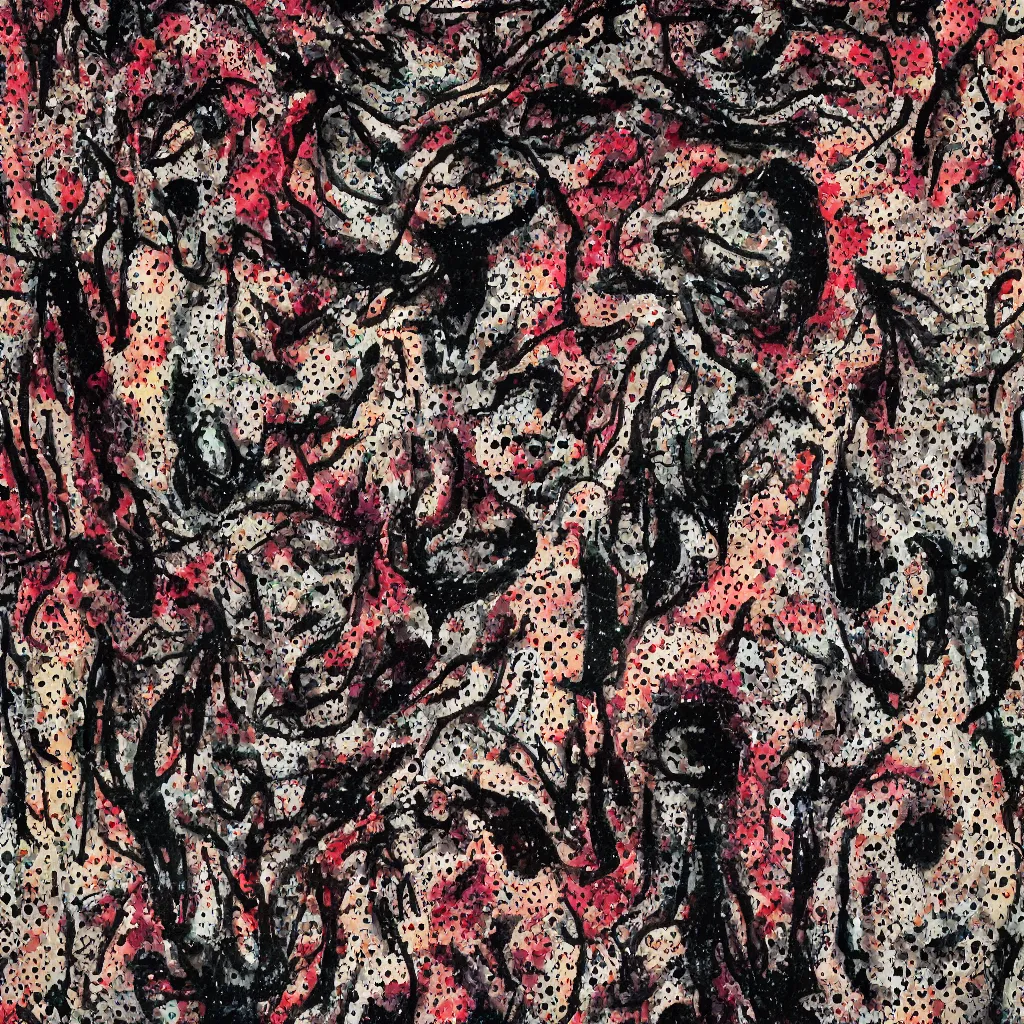 Image similar to camo made of teeth, smiling, abstract, francis bacon artwork, cryptic, dots, spots, stipple, lines, splotch, color tearing, pitch bending, faceless people, dark, ominous, eerie, hearts, minimal, points, technical, old painting, neon colors, folds