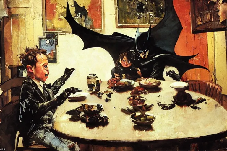 Image similar to batman eats messily in a dining room much to the displeasure of his wife, painted by phil hale and rick berry and dean cornwell and norman rockwell and jeremy mann