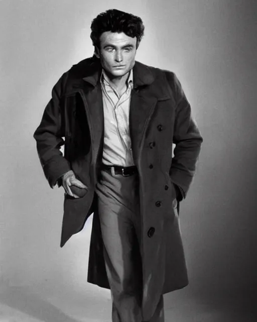 Image similar to genetic combination of peter falk and james dean, detective in overcoat, dynamic lighting, ultra detailed