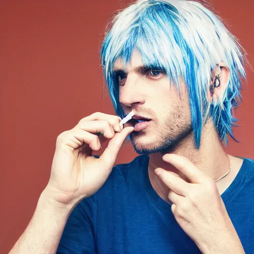 Prompt: a skinny white male singer with medium-length messy blue hair smoking a cigarette