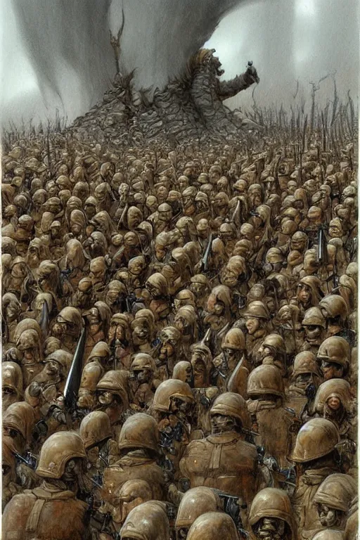 Image similar to art by john howe of the cinematic view of an army specializes in superior military intelligence and the use of sickles.