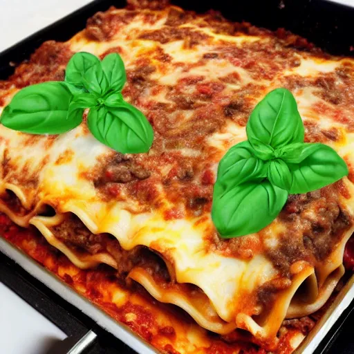 Image similar to photo of a platypus cooking a lasagna with three basil leaves over the lasagna