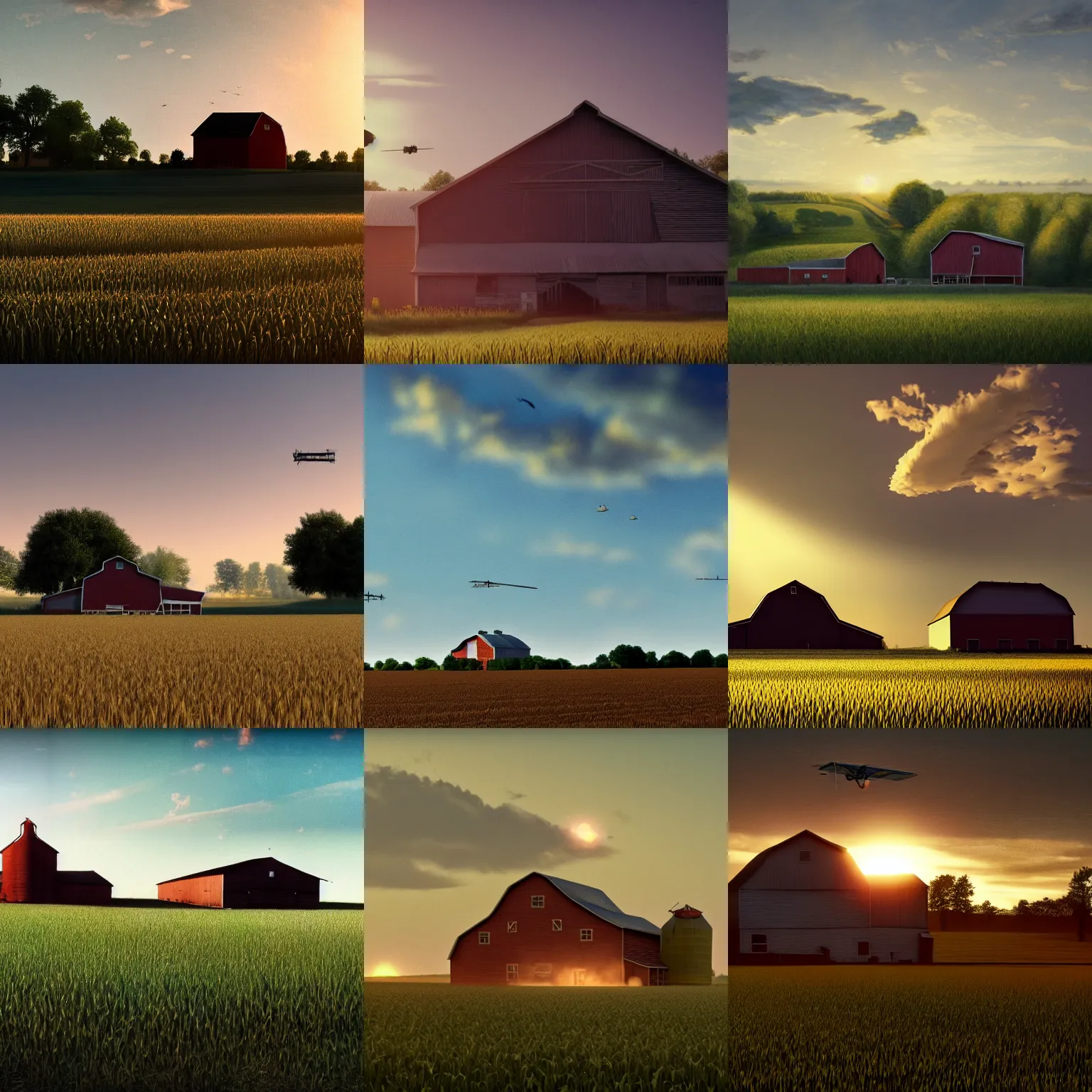 Prompt: a 1 9 5 0's farm in wisconsin, tall corn in the foreground, barn in the background, biplane in the sky, volumetric light, cinematic, trending on artstation, in the style of greg rutkowski