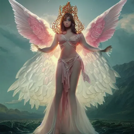 Prompt: expressive full body photo of sophia lauren as beautiful angel, smooth glowing skin, ornate headpiece made from pink flowers, glamour shot, by yoshitaka amano, by greg rutkowski, by jeremyg lipkinng, by artgerm, digital art, octane render, unreal engine, photorealistic, canon r 3, fashion photography