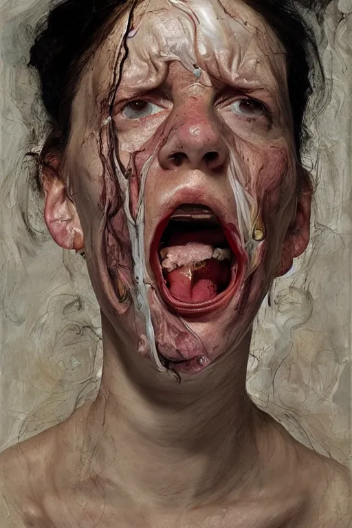 Image similar to portrait of a woman enraged, part by Jenny Saville, part by Lucian Freud