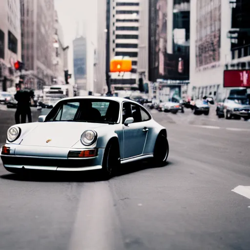 Image similar to photo of a porsche 9 1 1 9 6 4 drifting through nyc, cinematic, motion blur, shallow dof, 3 5 mm, heli shot, macro