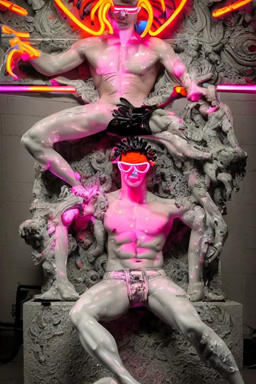 Prompt: full-body rococo and cyberpunk style neon statue of a muscular attractive Sean Mendezz wearing cholo shades macho dotado e rico android sim roupa reclining con las piernas abertas e la piroca dura, ethereal white dripping tar, glowing orange lasers, pink tigers, glowing eyes, silver prince crown, black gears, pink diamonds, swirling mint-colored silk fabric. futuristic elements. full-length view. human skulls. large intricate artwork by caravaggio. Trending on artstation, octane render, cinematic lighting from the right, hyper realism, octane render, 8k, depth of field, 3D