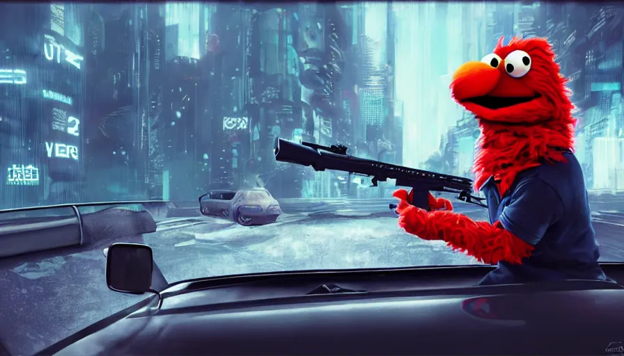 Image similar to elmo!! holding a machine gun leans out of the window of a driving car in cyberpunk, digital art, rendering, hyperrealistic, photorealism