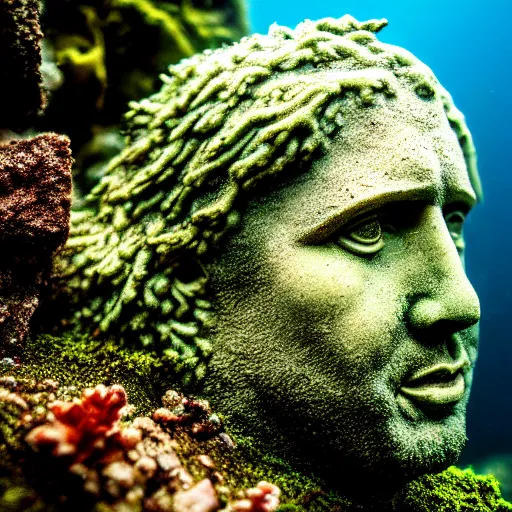 Prompt: Nicolas Cage underwater mossy old statue, ruins, photo, dark, kelp and moss all over, bottom of ocean, deep ocean, bottom of ocean, dark, 35mm, fish, underwater landscape, 4k, detailed, photorealistic, photo, Atlantis, underwater camera, fish, fish, fish