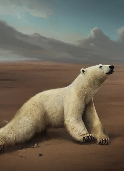 Prompt: polar bear dying on a desert, by greg rutkowski, trending on artstation, masterpiece