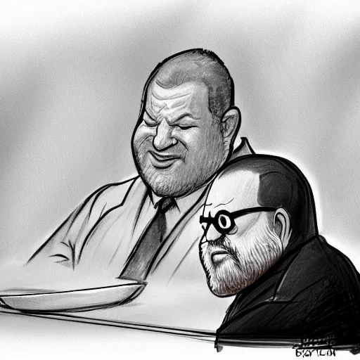 Prompt: courtroom sketch artist's impression of harvey weinstein eating massive hamburgers on witness stand, extra onions and ketchup, luscious patty with sesame seeds, feminine ethereal, holy sacred light rays, handsome, volumetric light, D&D, fantasy, intricate, elegant, highly detailed, digital painting, artstation, concept art, matte, sharp focus, illustration, art by Artgerm and Greg Rutkowski and Alphonse Mucha