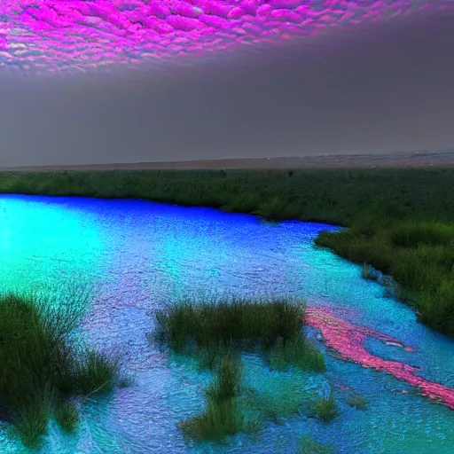 Image similar to god spills colorful rivers from a sky, fantasic rain, render, octane render, 3 d, unreal engine, raytracing, 8 k