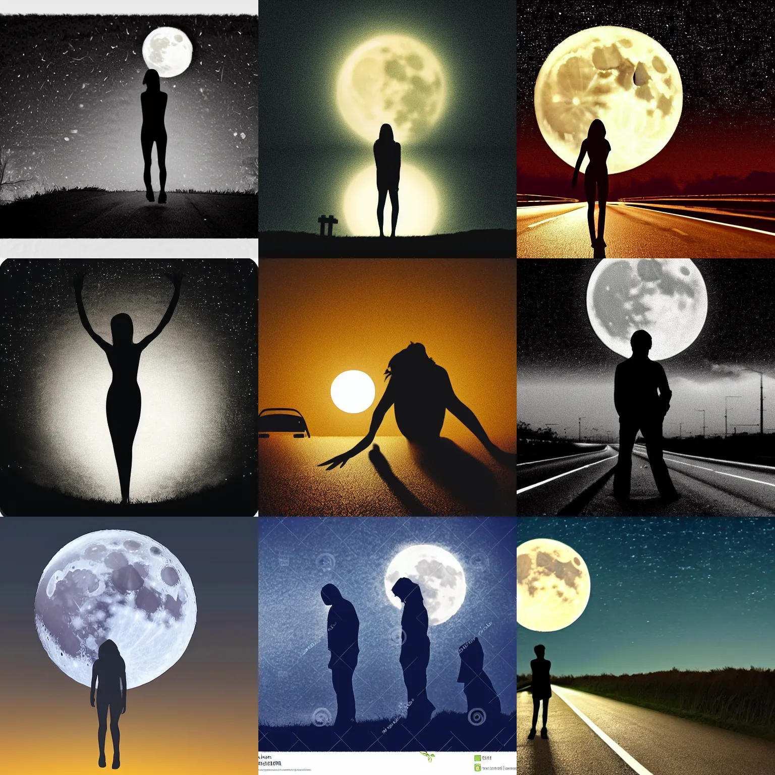 Prompt: silhouette human figure on a full moon night on a highway, morbid, highly detailed