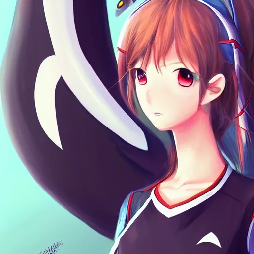 Prompt: digital anime art , a anime girl in a school outfit wearing a orca on her head, posing for the camera, blue eyes Rossdraws, WLOP