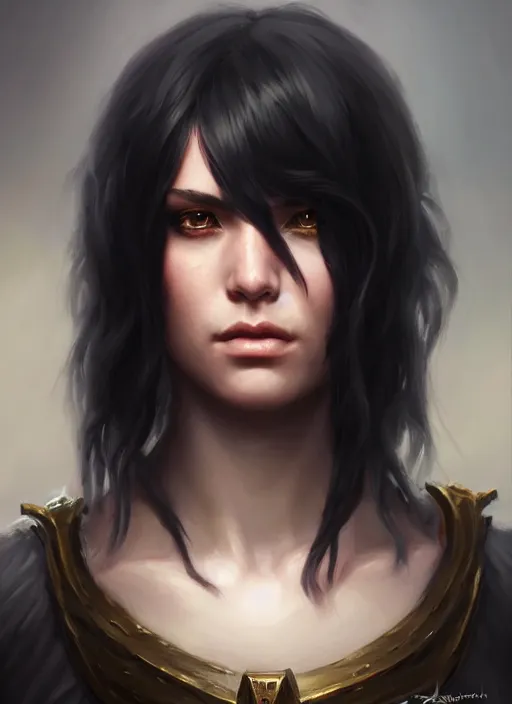 Image similar to a _ fantasy _ style _ portrait _ painting _ of young adult, black fringe hair, round face, rpg dnd oil _ painting _ unreal _ 5 _ daz. _ rpg _ portrait _ extremely _ detailed _ artgerm _ greg _ rutkowski _ greg