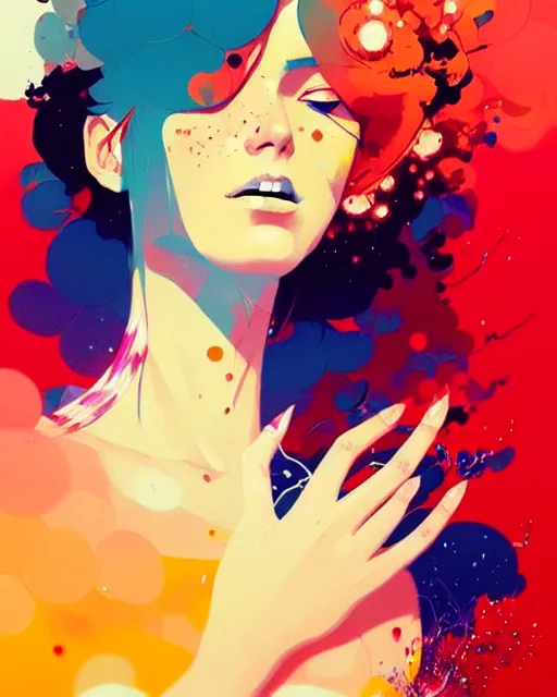 Image similar to a ultradetailed beautiful panting of a woman with a colorful explosion coming out of her hands, by conrad roset, greg rutkowski and makoto shinkai, trending on artstation