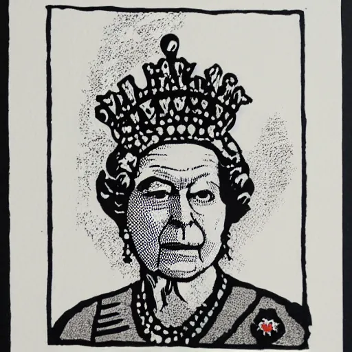 Image similar to queen elizabeth wearing balaclava and crown, lino print, whiskey bottle