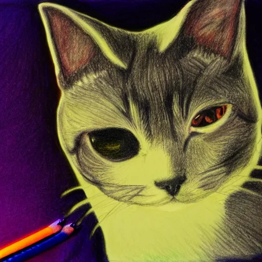 Image similar to drawing of an evil cat with glowing eyes