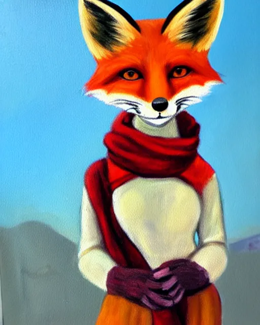 Prompt: oil painting portrait of anthropomorphic female fox animal dressed in sweater and scarf, fox animal, movie set in background, oil painting,