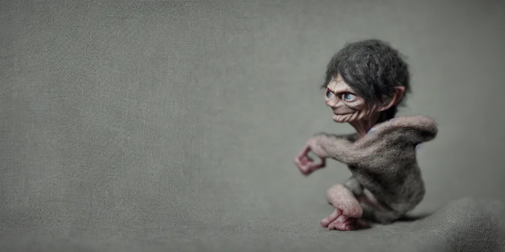 Prompt: needle felt portrait of gollum, tilt shift, eerie, god rays, detailed textures, photorealistic