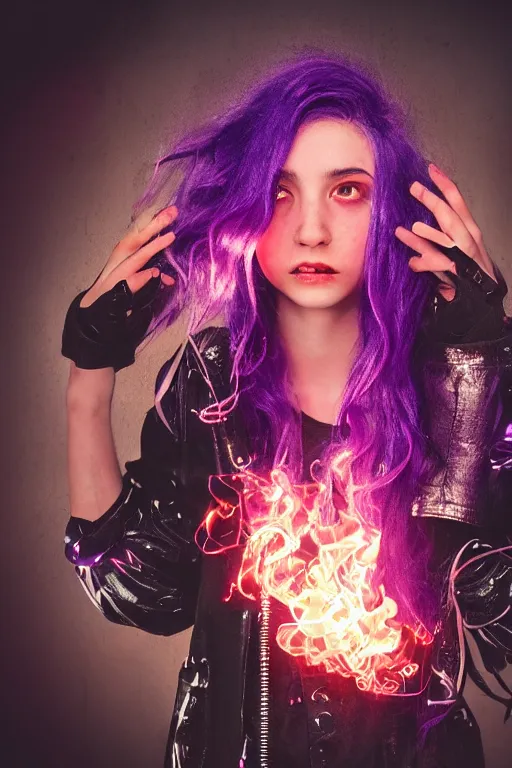 Prompt: young teen with purple tentacled hair, with red flames dancing on her hands with a long jacket in a cyberpunk city, realistic, high definition, 4K, shimmering color, digital art, Instagram filters, Photoshop, Adobe Lightroom, Adobe After Effects, taken with polaroid kodak portra