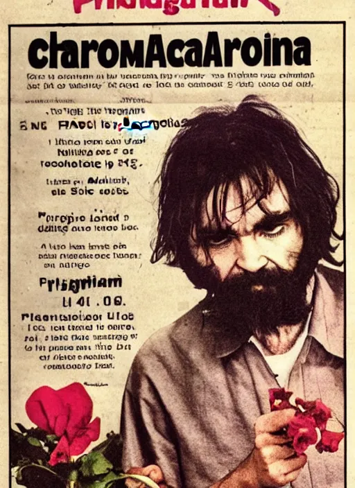 Image similar to vintage pharamaceutical magazine advertisement depicting charles manson eating flowers