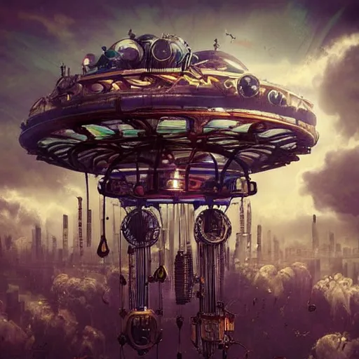 Image similar to flying city in a mechanical flower, sky, steampunk!!!, fantasy art, steampunk, masterpiece, octane, jared wulfe