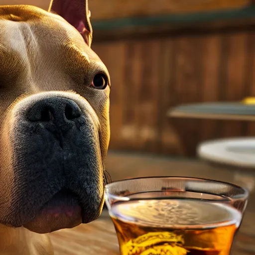 Image similar to pitbull dog drinks whiskey, real life, realistic, detailed, 4 k,