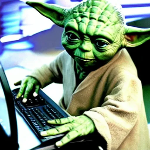 Prompt: yoda using computer