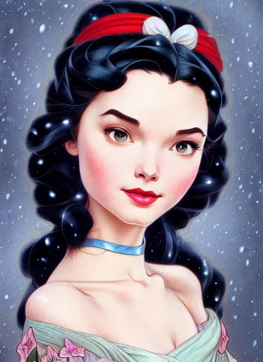 Image similar to portrait of disney snow white in a dress, intricate, elegant, highly detailed, my rendition, digital painting, loose pencil sketch, sketchy, artstation, concept art, smooth, sharp focus, illustration, art by artgerm and greg rutkowski and alphonse mucha and uang guangjian and gil elvgren and sachin teng, symmetry!!