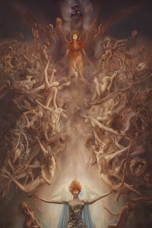 Prompt: a multitude of angels converge around a divine redheaded goddess, by austin osman spare, wayne barlowe, tom bagshaw, sharp focus, vray render, oil painting, concept art, elegant, intrincate, baroque, flowing rhythms