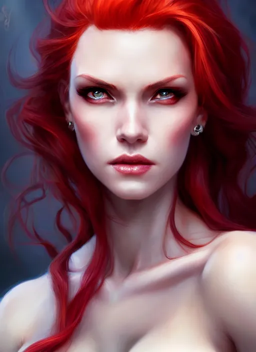 Image similar to d & d concept art of gorgeous woman with half white half red hair in the style of stefan kostic, realistic, half body shot, sharp focus, 8 k high definition, insanely detailed, intricate, elegant, art by stanley lau and artgerm, foggy backgeound, fantasy