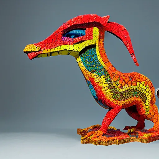 Image similar to extremely colorful, concrete mosaic sculpture of an alebrije griffin, art by wouterina de raad and james tellen and sherri warner hunter