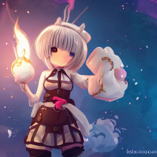 Image similar to anime girl with steampunk weapons stabbing giant marshmallows, surreal, lush, cute animation, anime, finely detailed, steampunk armor, copper, particles,