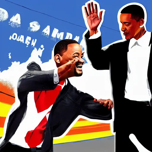 Image similar to will smith slapping obama with a black flip flop, digital art in the style of gta 5 cover art