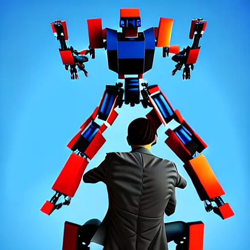 Image similar to a man sitting on a mecha’s shoulders, hyperrealistic, 3D