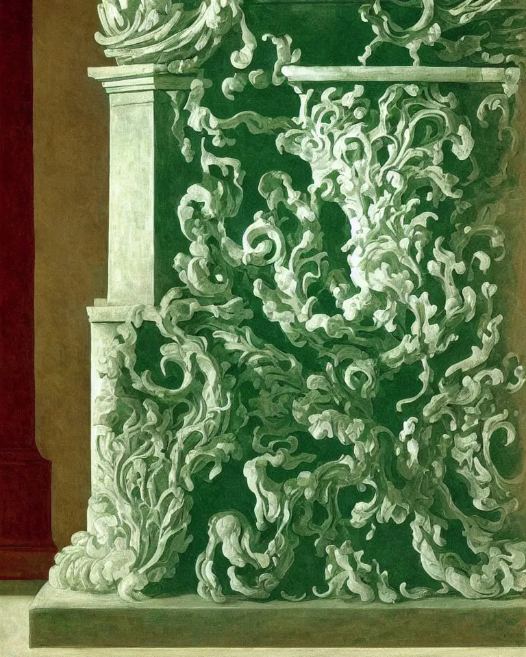 Image similar to achingly beautiful painting of intricate ancient roman corinthian capital on jade background by rene magritte, monet, and turner. giovanni battista piranesi.