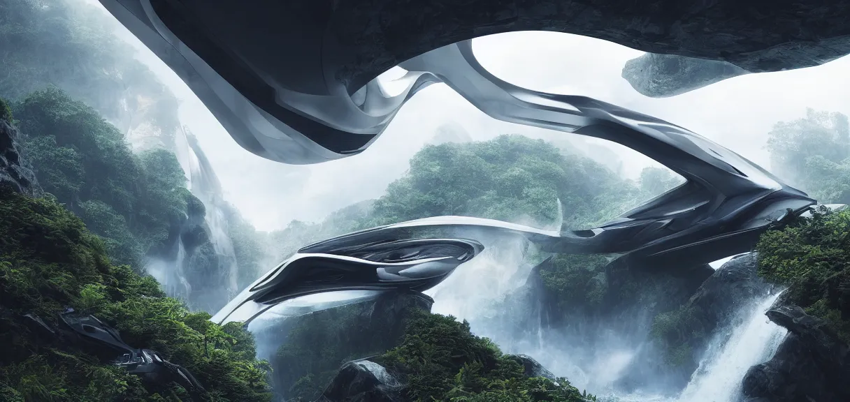 Prompt: a spaceship by zaha hadid, hovering above a waterfall, beautiful landscape, environment, low angle view, hyper realism, concept art, low angle, high detail, volumetric, dramatic lighting, long shadows, ominous, misty, beautiful, by maxime bibi and jordan grimmer, breathtaking scene, cinematic, 8 k