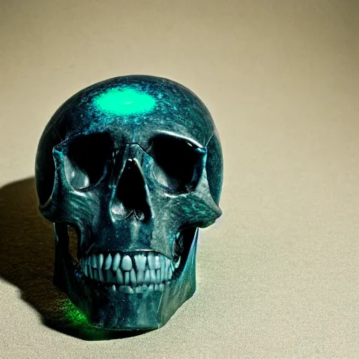 Prompt: glowing obsidian skull in a night jungle underwater