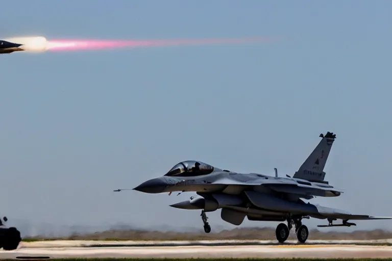 Image similar to photo of an f16 fighter jet in fligh, launching missles