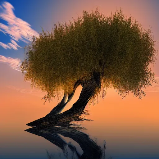 Image similar to featured on artstation majestic willow tree overlooking swirling river at sunset, beautiful image stylized digital art