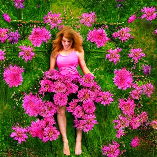 Image similar to realistic photo human body made of pink wild flowers