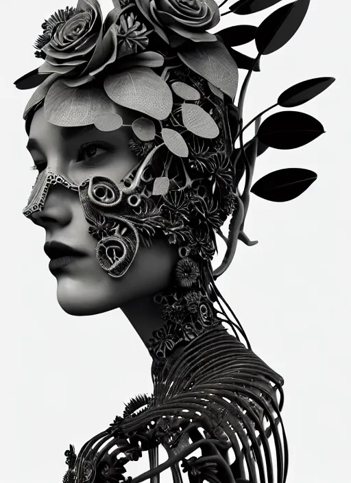 Image similar to monochrome 3 d model, biomechanical beautiful young female cyborg with porcelain profile face and a big floral eye, volumetric light, leaves foliage and stems, hibiscus flowers, boho floral vines, sinuous fine roots, fine foliage lace, alexander mcqueen, rim light, big gothic fashion pearl embroidered collar, steampunk, octane render, 8 k