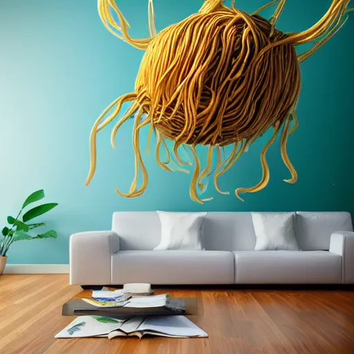 Image similar to flying spaghetti monster floating inside beautiful apartment