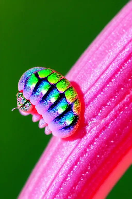 Prompt: high quality macro photo iridescent translucent caterpillar! gorgeous highly detailed david ligare elson peter cinematic pink lighting high quality low angle hd 8k sharp shallow depth of field