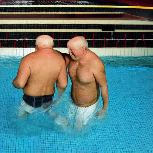 Image similar to photo, two old men fight pig mutants 5 3 8 2 8 inside a swimming pool, highly detailed, scary, volumetric lighting, front view